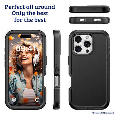 iPhone 16 Pro Rugged Armour Case Cover with 360° Rotation, Belt Clip, and Kickstand - Tough and Shockproof Protection Clip - Black